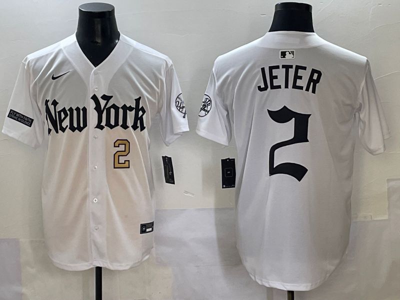 Men 2025 New York Yankees #2 Jeter White Five generations Joint Name Nike MLB Jersey style 7